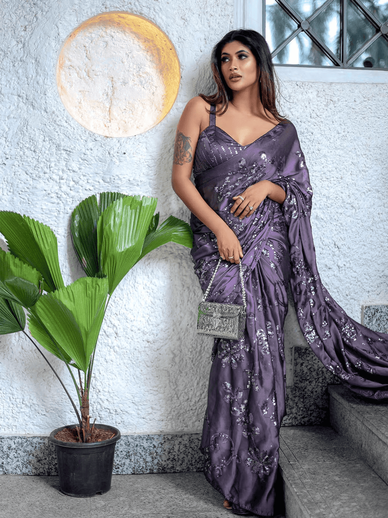 Women Sequin Saree with Unstitched Blouse - aromie