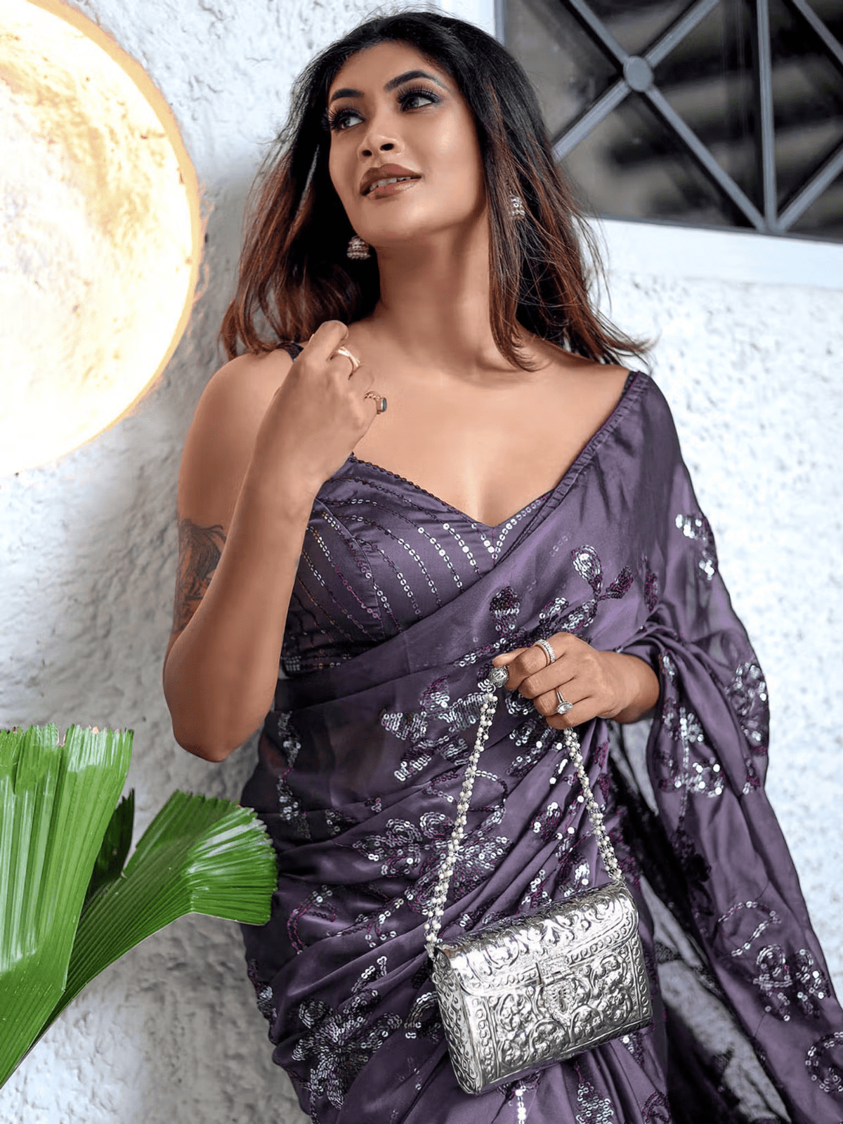 Women Sequin Saree with Unstitched Blouse - aromie