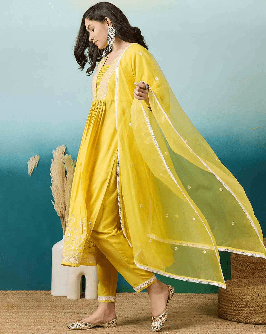 Silk Blend Kurta Set for Women - 3 Piece Design