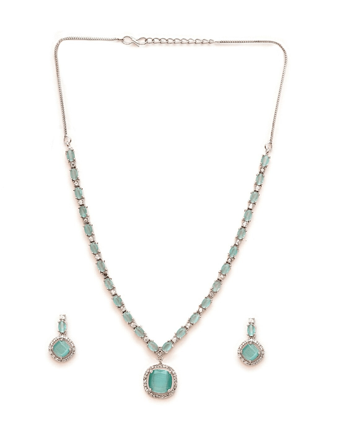 Women Silver - Plated Stone - Studded Necklace & Earrings Set – Classic Rhodium - Plated Jewelry - aromie