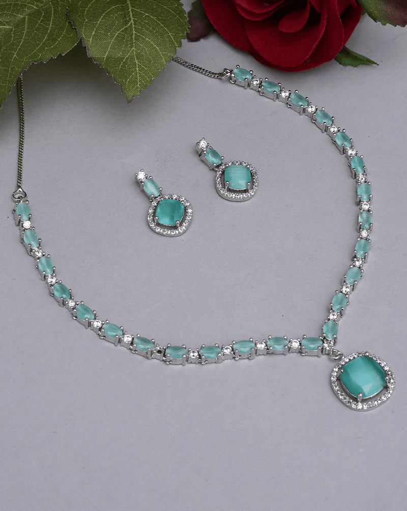 Women Silver - Plated Stone - Studded Necklace & Earrings Set – Classic Rhodium - Plated Jewelry - aromie