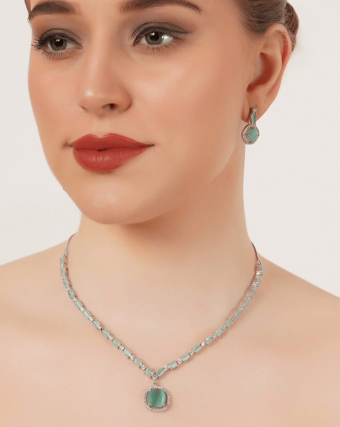 Women Silver - Plated Stone - Studded Necklace & Earrings Set – Classic Rhodium - Plated Jewelry - aromie