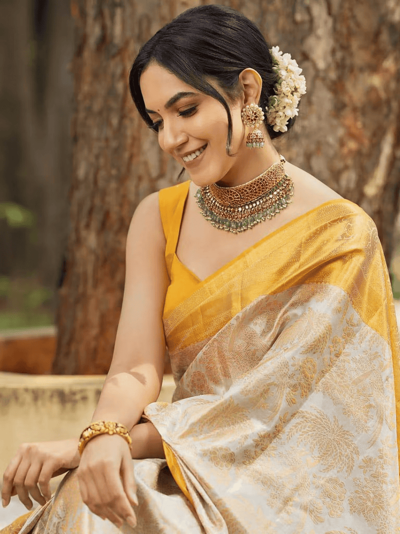 Women’s Designer Woven Banarasi Silk Kanjivaram Saree with Unstitched Blouse – Festive & Wedding Wear (Canada) - aromie