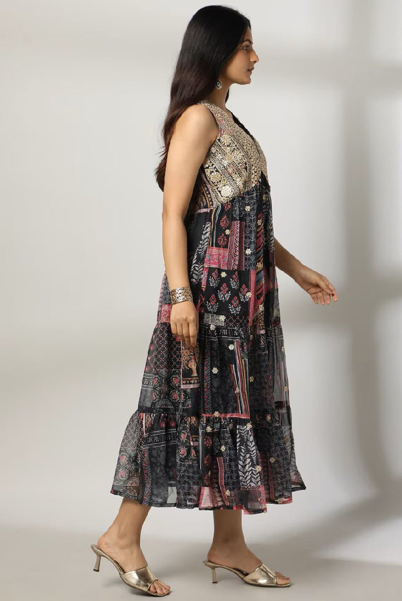 Women’s Embroidered Midi Tiered Boho Dress – Gota Patti Detailing with Sleeveless Design - aromie