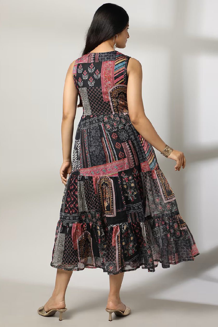 Women’s Embroidered Midi Tiered Boho Dress – Gota Patti Detailing with Sleeveless Design - aromie