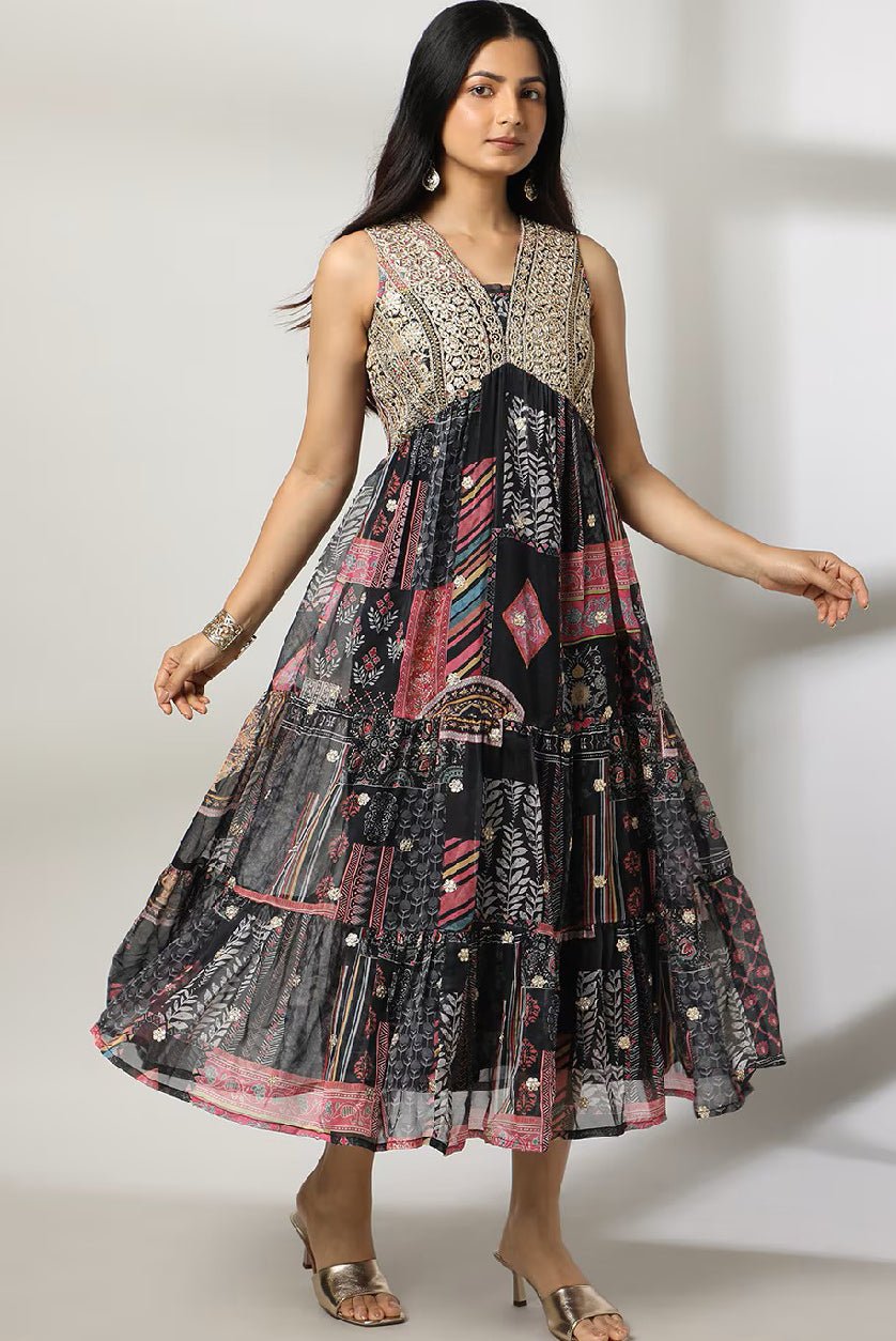 Women’s Embroidered Midi Tiered Boho Dress – Gota Patti Detailing with Sleeveless Design - aromie