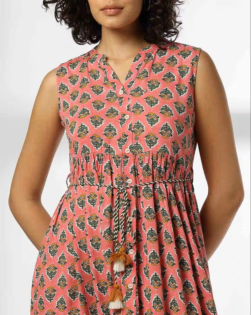 aromie women's floral fit and flare dress in pink with sleeveless design and tassel waist tie