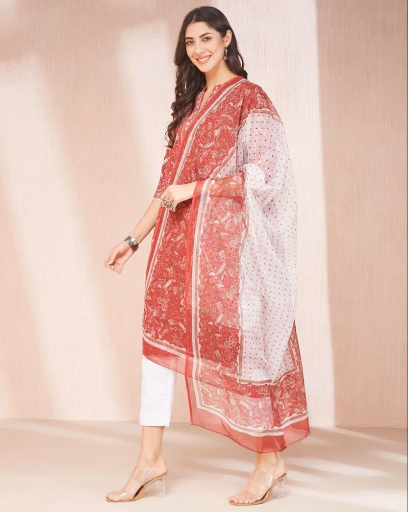 Women's Floral Print Cotton Kurta with Dupatta - aromie