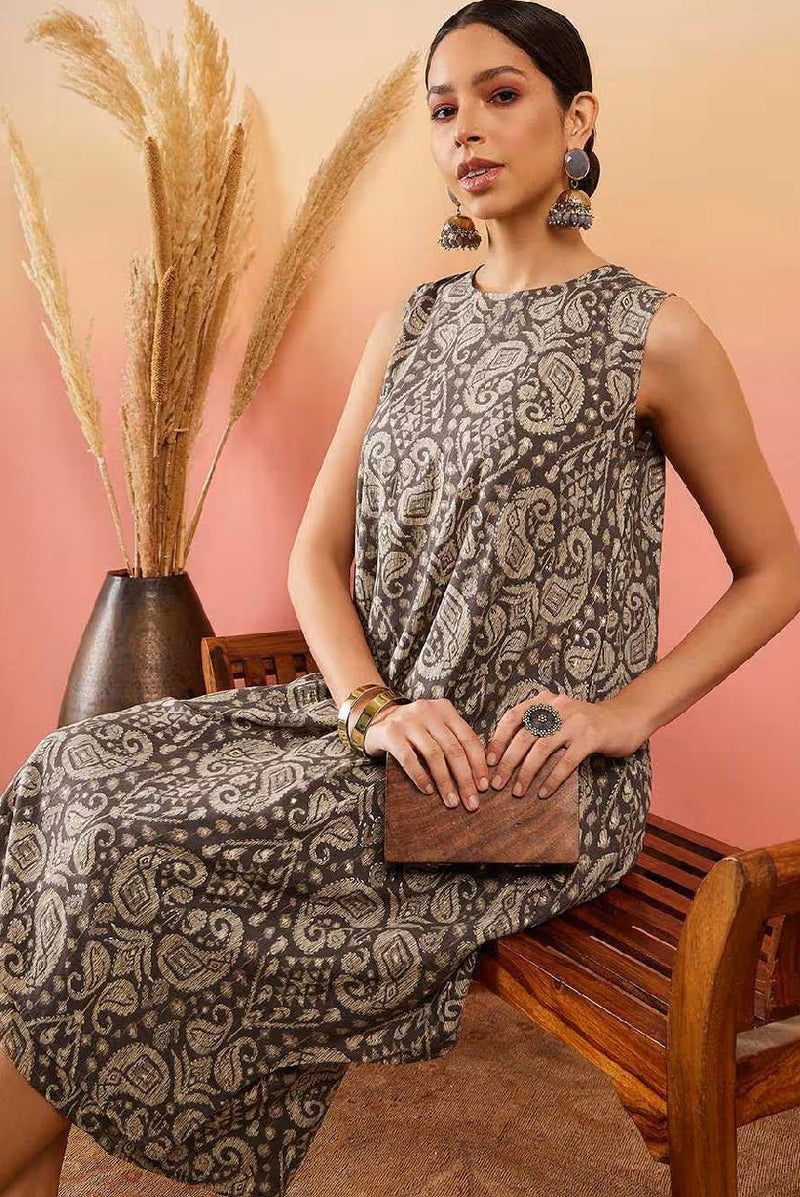 Stylish women's rayon kurta set featuring a comfortable sleeveless design with intricate patterns
