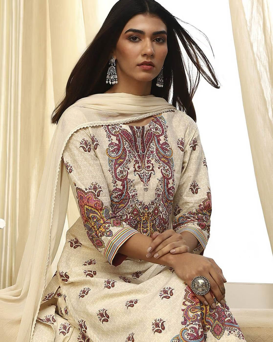 Elegant women's rayon kurta set featuring intricate paisley design and coordinating dupatta for a stylish look