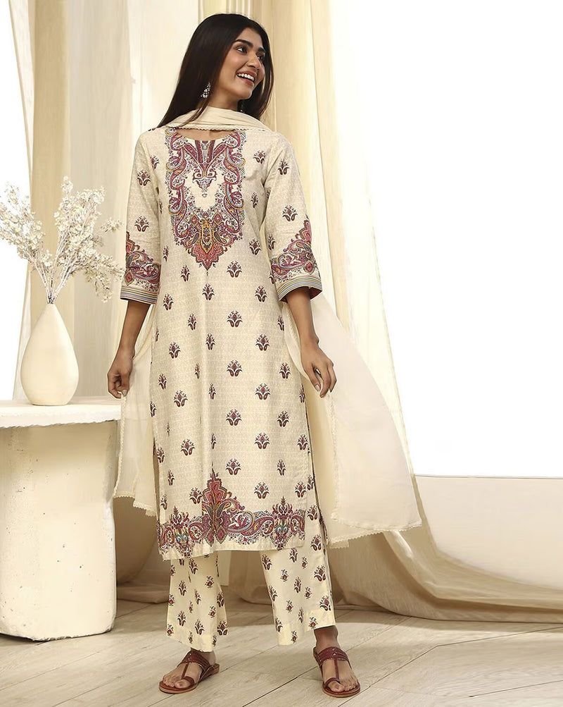 Elegant women's rayon kurta set featuring intricate floral designs and a matching palazzo with a lightweight dupatta