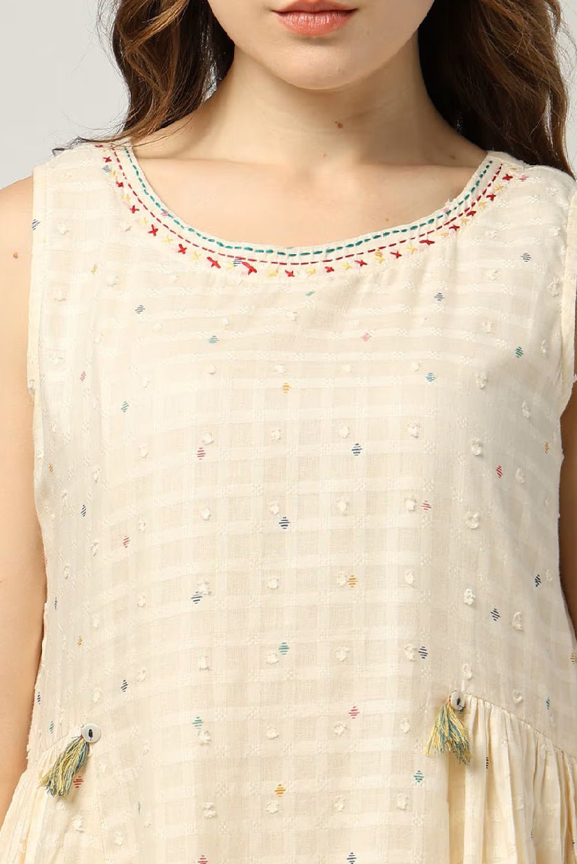 Women’s Woven Fit & Flare Dress – Geometric Print with Embroidered Neckline and Tassel Details - aromie
