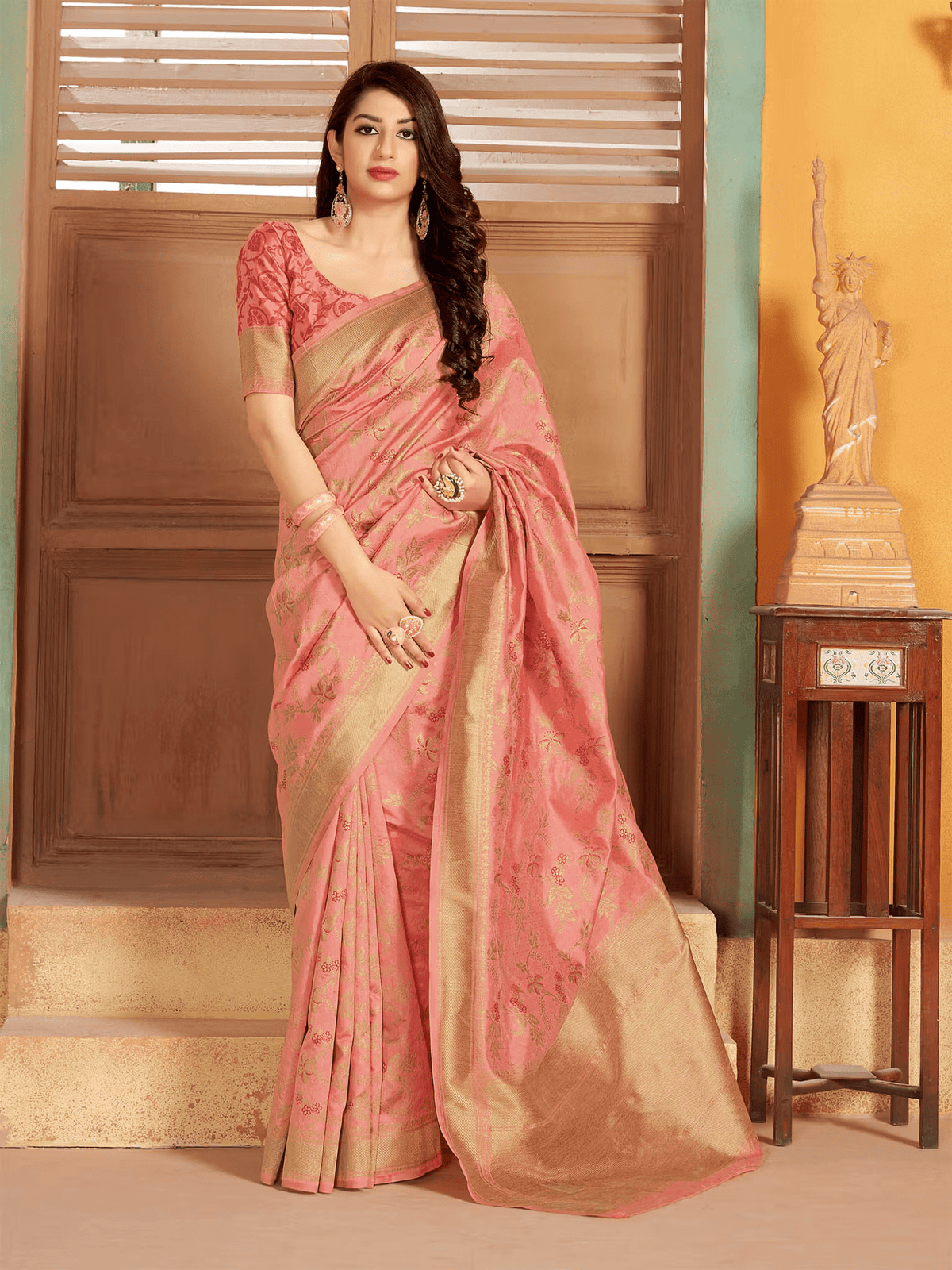 Women’s Woven Silk Banarasi Saree with Zari Work – Includes Unstitched Blouse - aromie