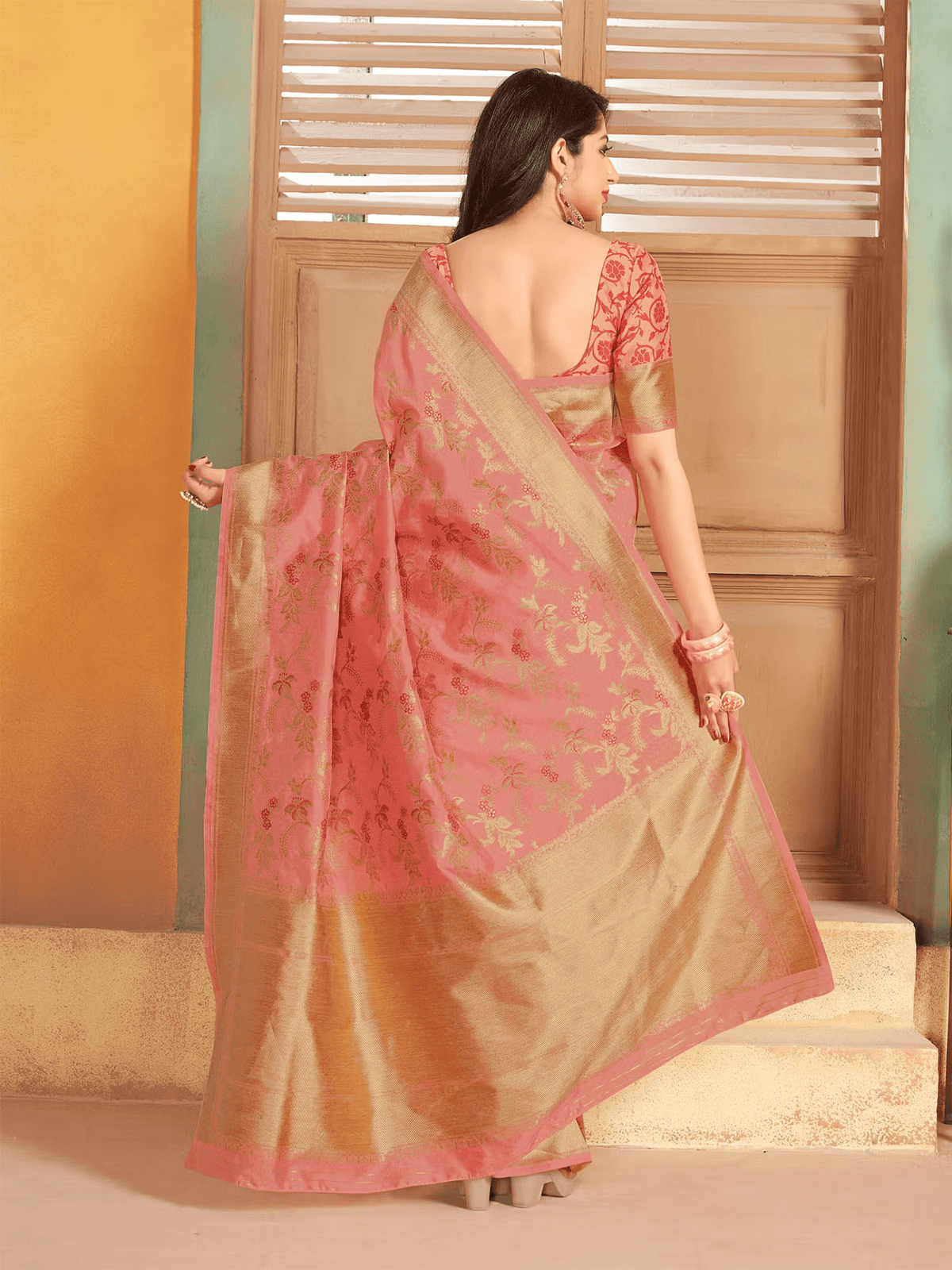 Women’s Woven Silk Banarasi Saree with Zari Work – Includes Unstitched Blouse - aromie