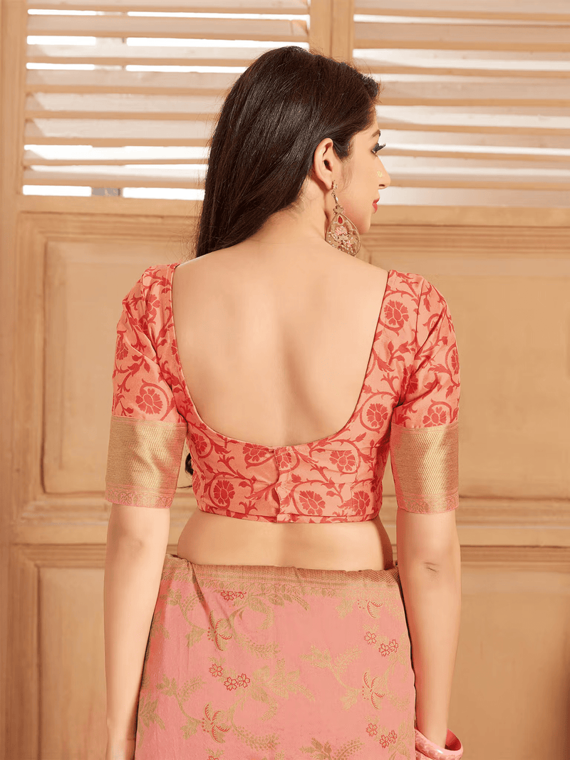 Women’s Woven Silk Banarasi Saree with Zari Work – Includes Unstitched Blouse - aromie