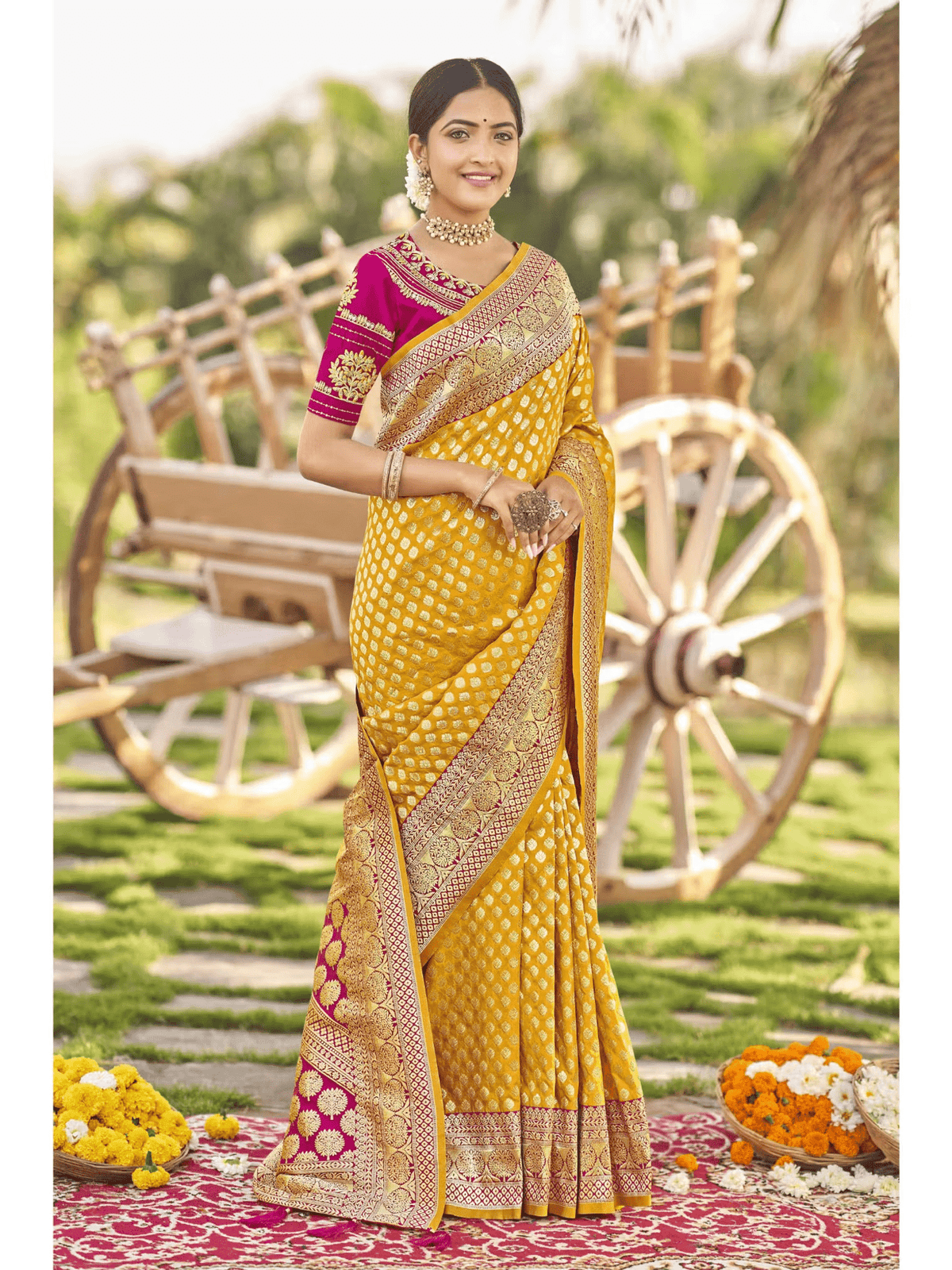 Yellow and Pink Banarasi Silk Saree with Unstitched Blouse – Vegan Festive Wear for Women - aromie