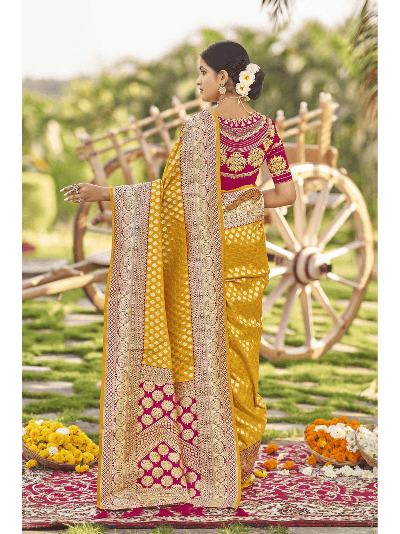 Yellow and Pink Banarasi Silk Saree with Unstitched Blouse – Vegan Festive Wear for Women - aromie