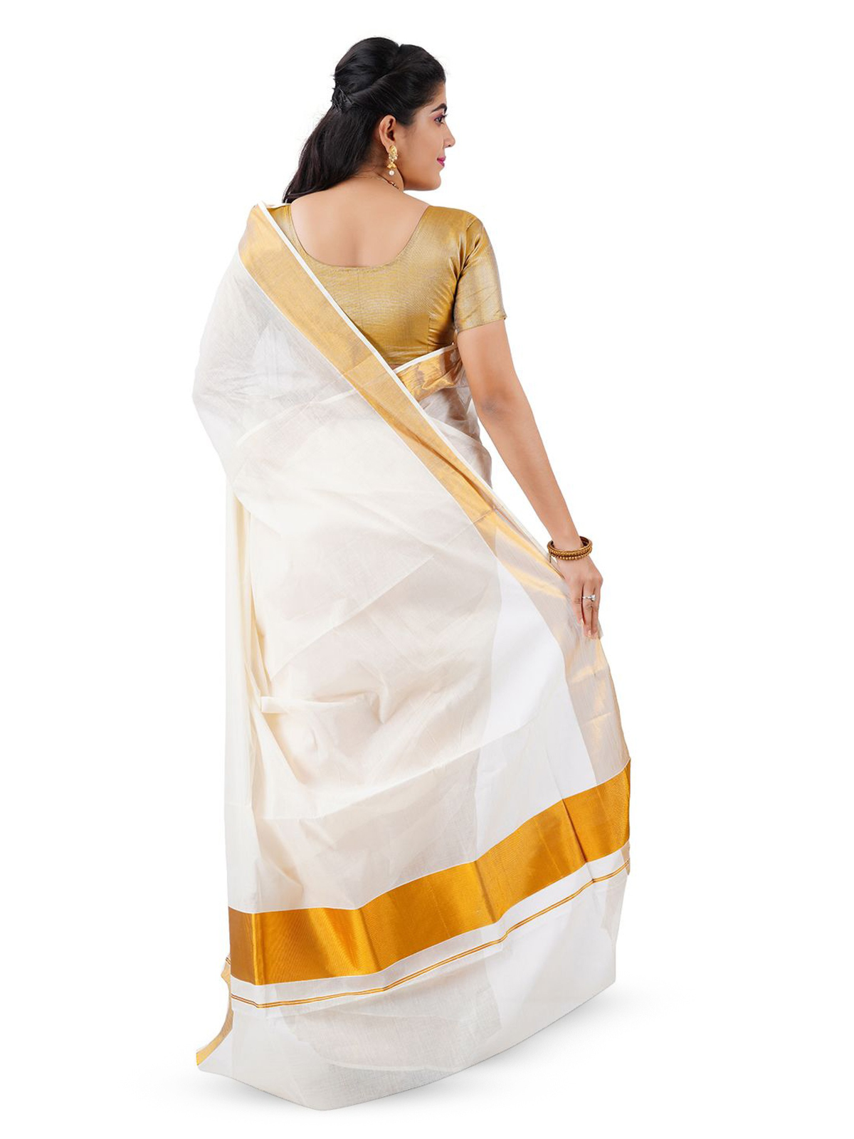 Aromie yellow saree for parties Canada with gold border worn by woman in gold blouse