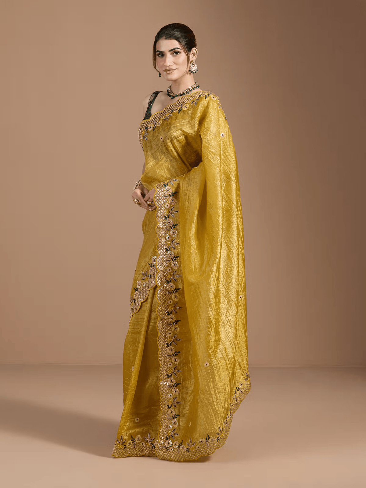 Yellow Saree for Women – Includes Unstitched Blouse | Affordable Saree for Parties in Canada - aromie