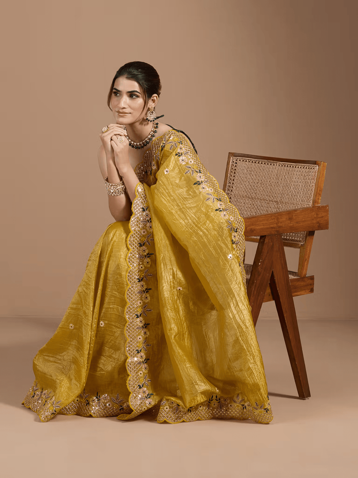 Yellow Saree for Women – Includes Unstitched Blouse | Affordable Saree for Parties in Canada - aromie