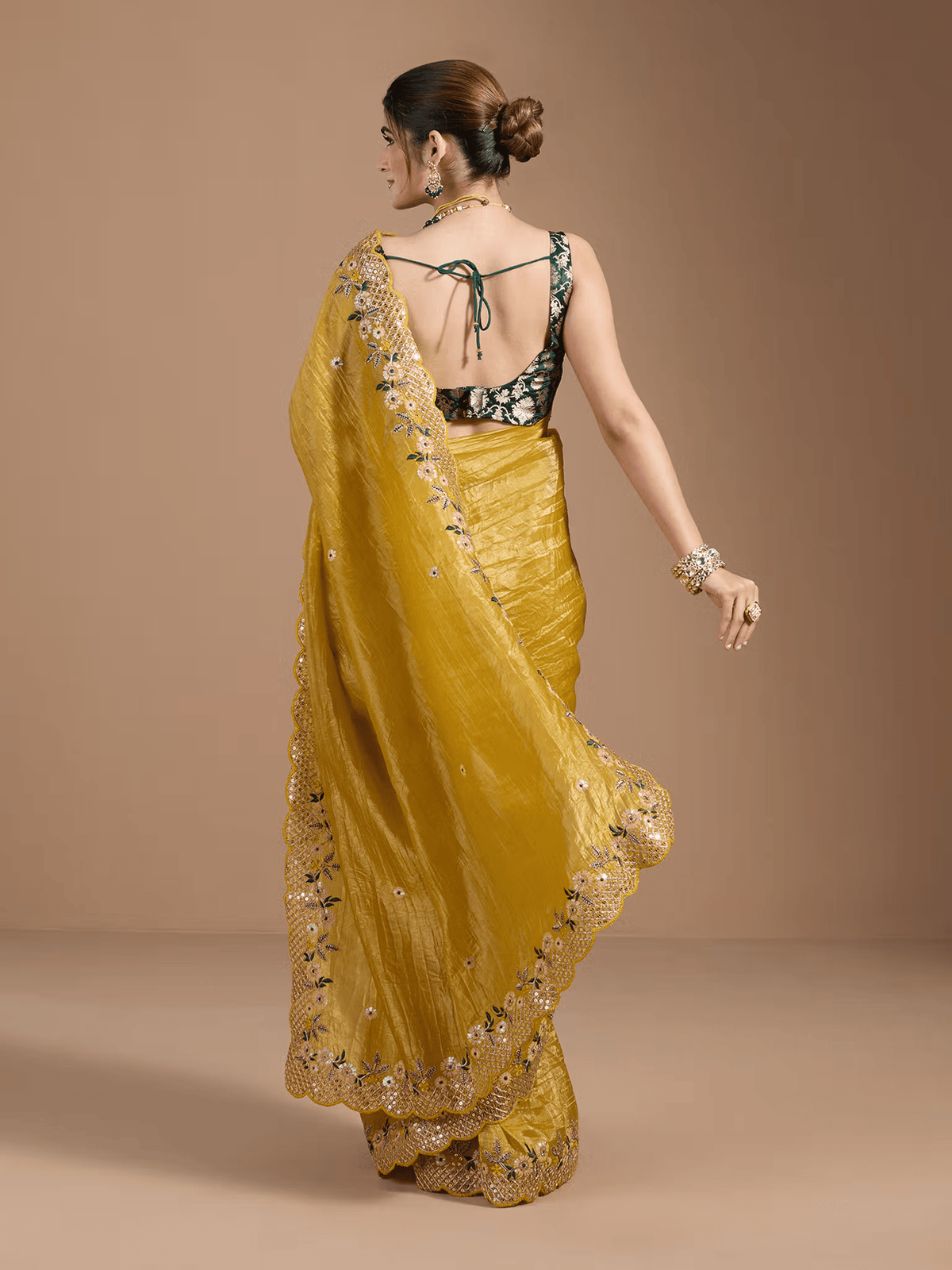 Yellow Saree for Women – Includes Unstitched Blouse | Affordable Saree for Parties in Canada - aromie