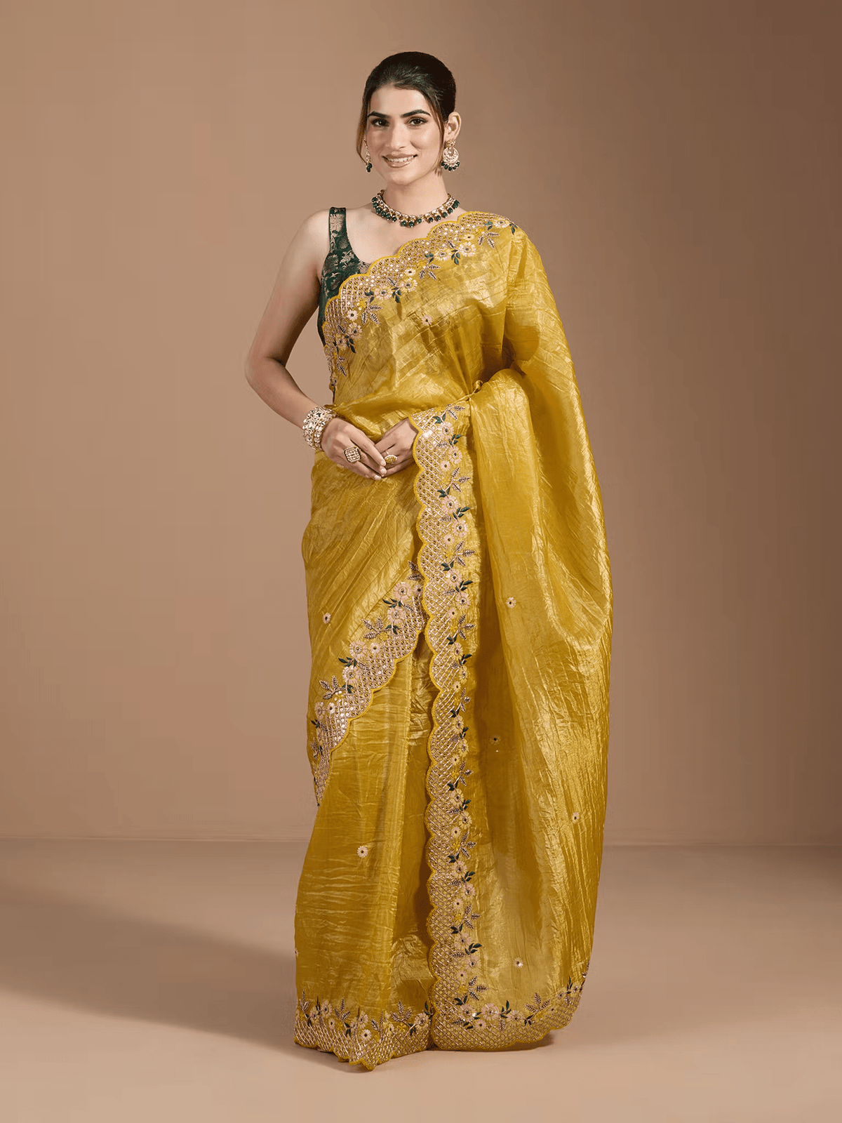 Yellow Saree for Women – Includes Unstitched Blouse | Affordable Saree for Parties in Canada - aromie