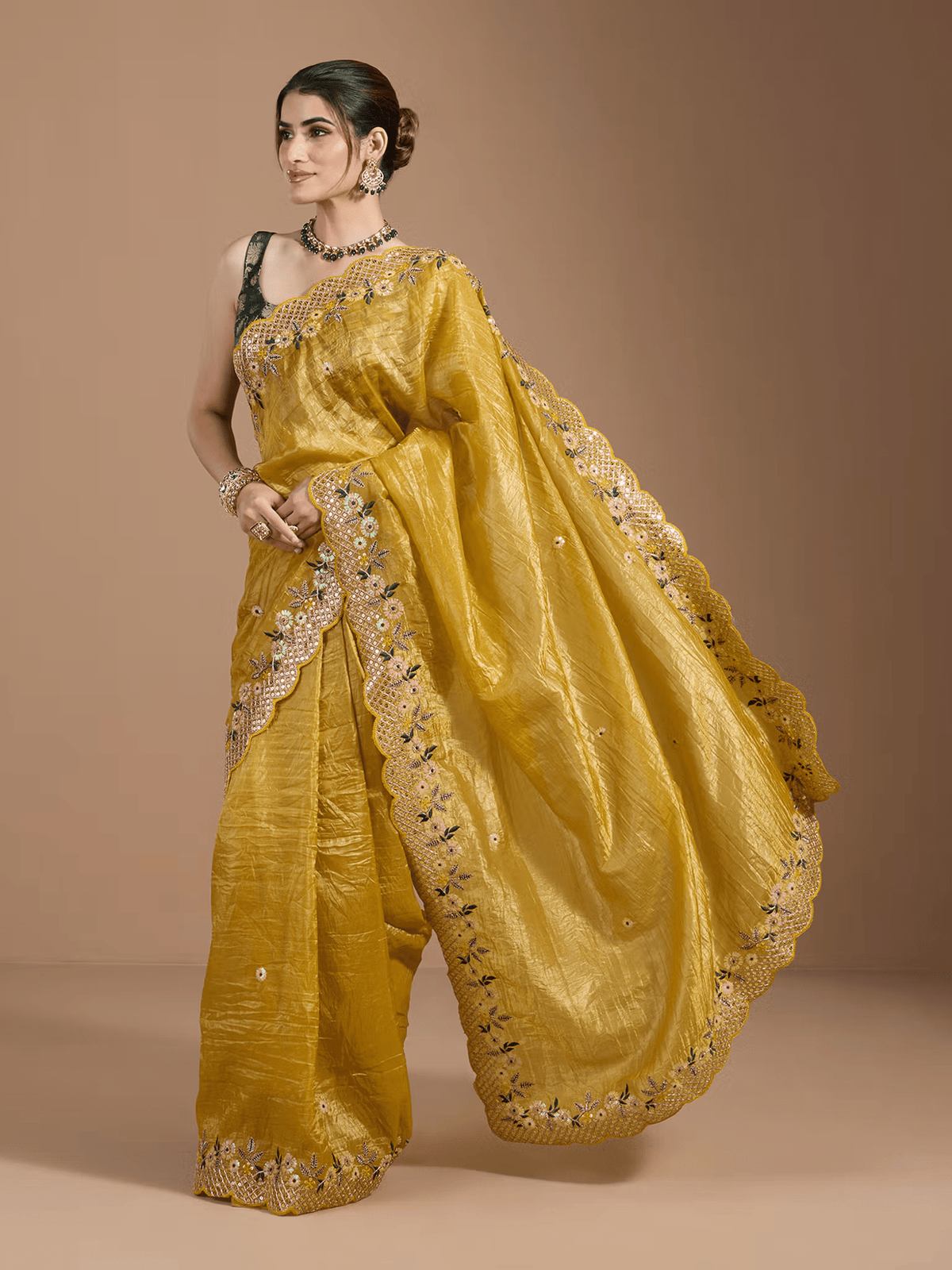Yellow Saree for Women – Includes Unstitched Blouse | Affordable Saree for Parties in Canada - aromie