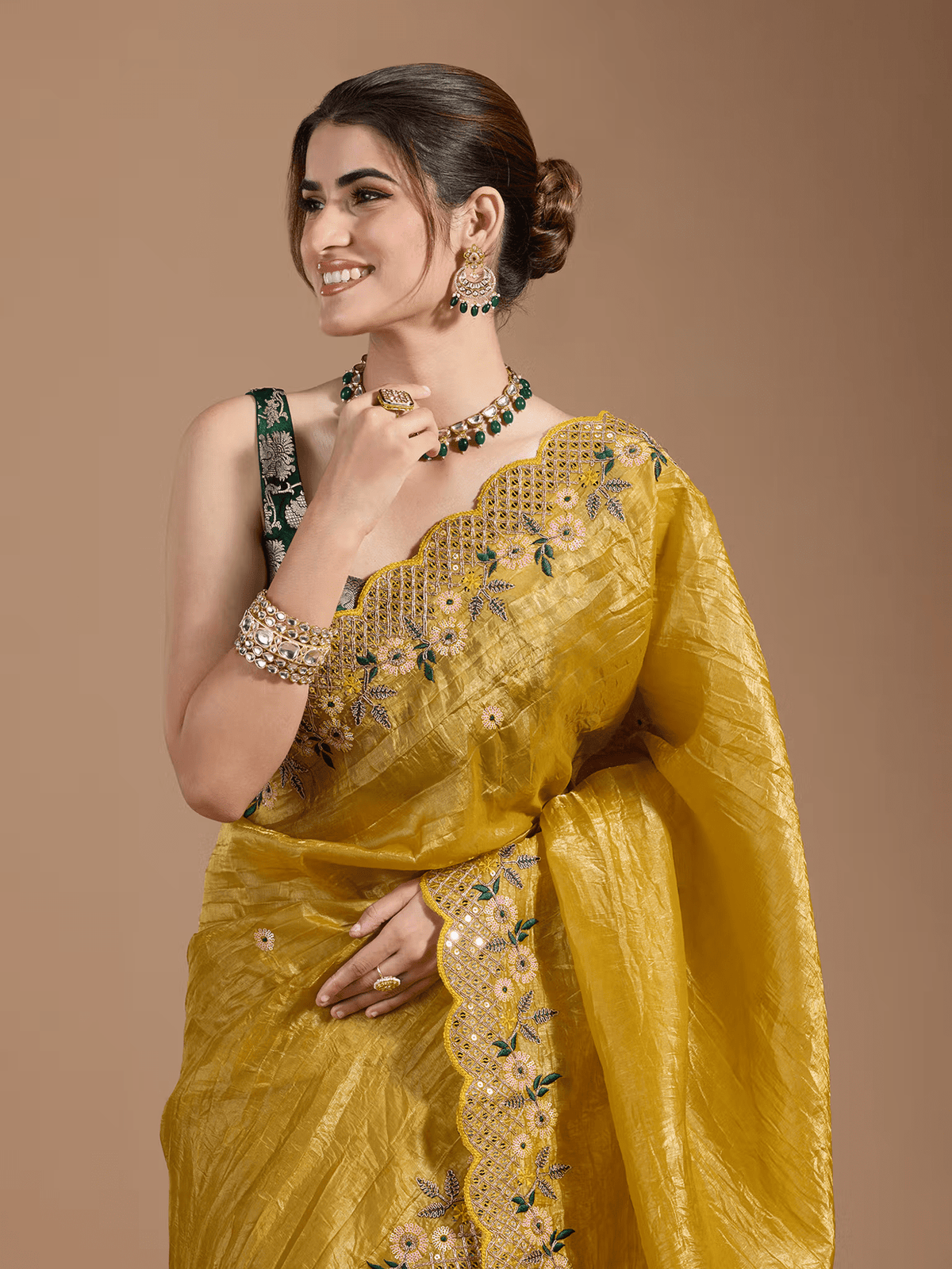Yellow Saree for Women – Includes Unstitched Blouse | Affordable Saree for Parties in Canada - aromie