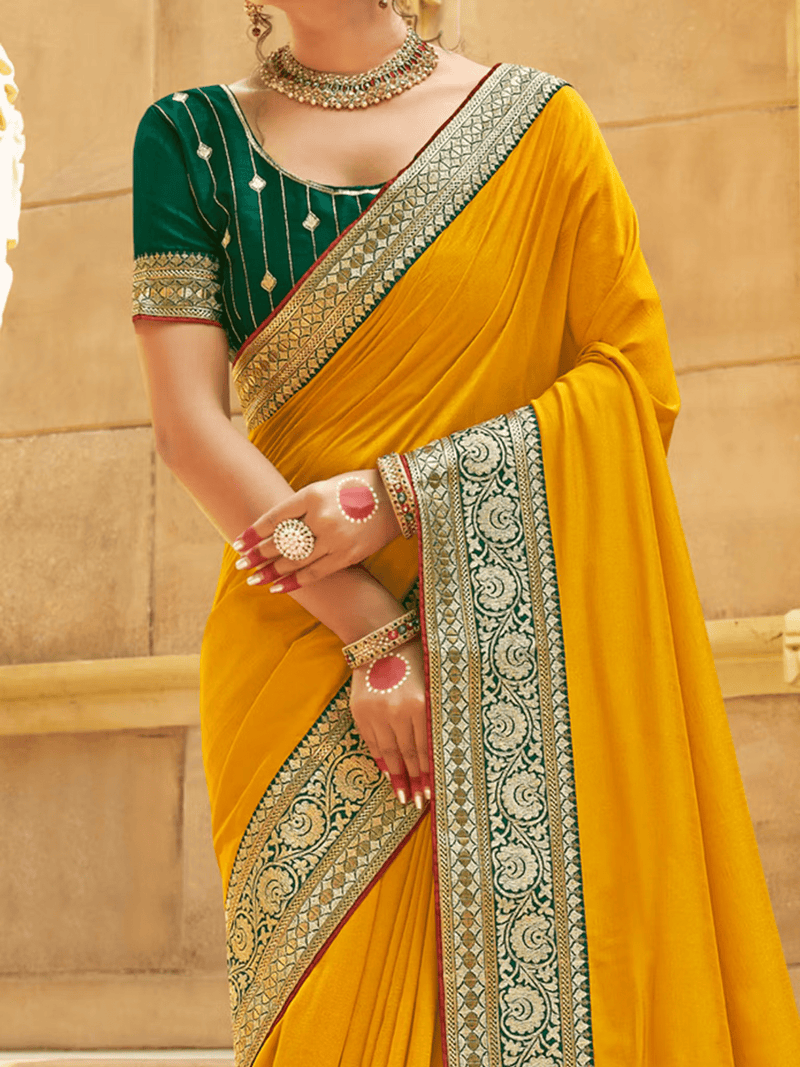 Yellow Striped Silk Saree for Women | Ethical Indian Saree with Blouse Canada - aromie