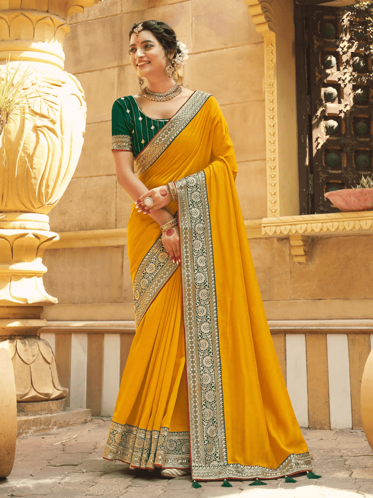 Yellow Striped Silk Saree for Women | Ethical Indian Saree with Blouse Canada - aromie