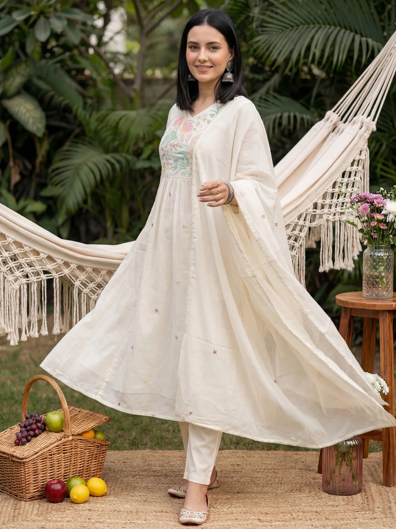 White women's Zari embroidery kurta set Canada with detailed front view, perfect for weddings or festive occasions.