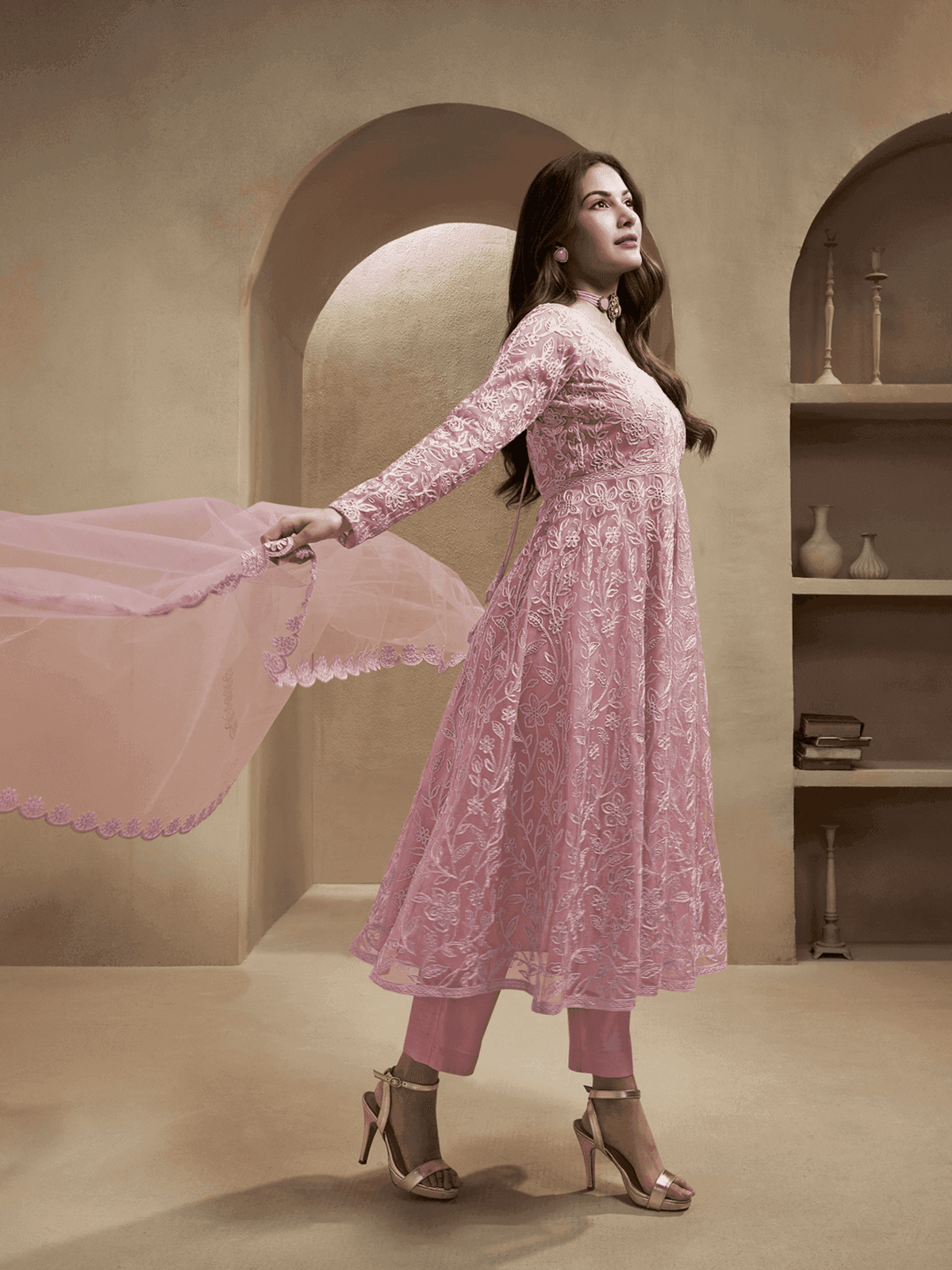 Elegant women's Zari embroidery kurta set in pink with matching dupatta and stylish heels