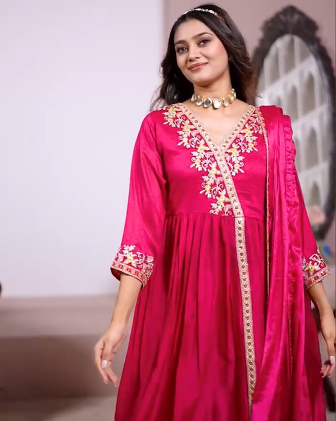 Aromie Women's Dress featuring a Zari embroidery kurta set in vibrant pink with elegant embellishments