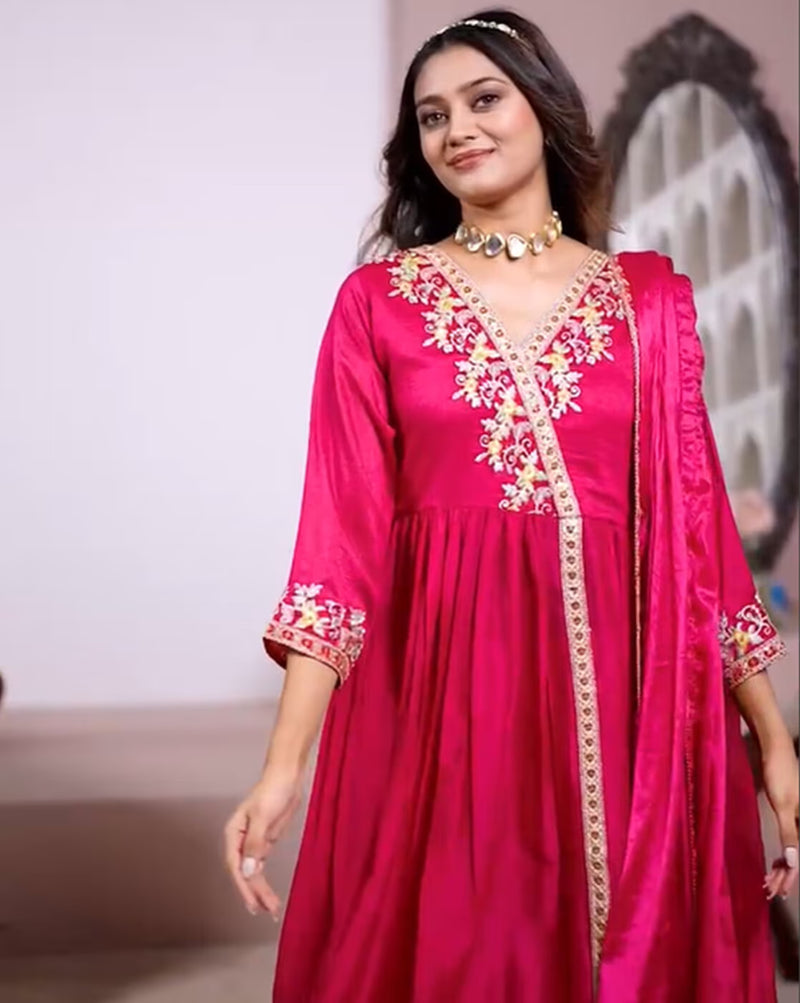 Aromie Women's Dress featuring a Zari embroidery kurta set in vibrant pink with elegant embellishments