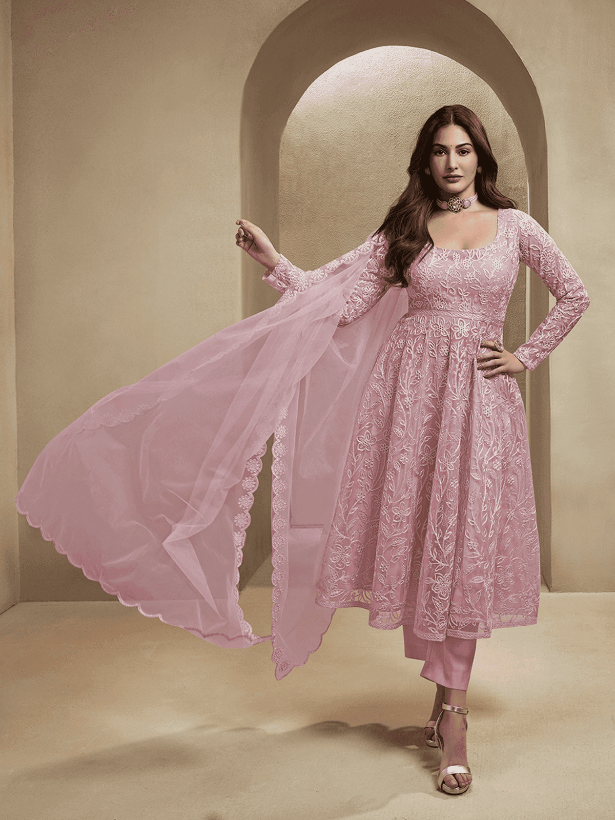 Elegant women's Zari embroidery kurta set in pink with lace details and stylish dupatta