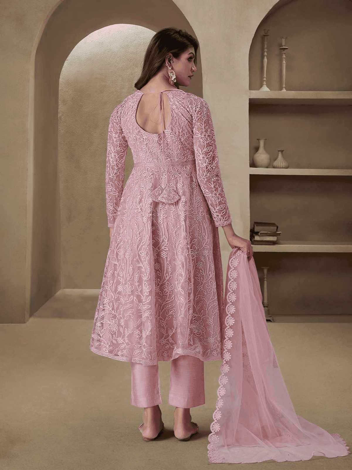 Elegant women's dress with Zari embroidery kurta set in soft pink, featuring a stylish back detail and matching dupatta