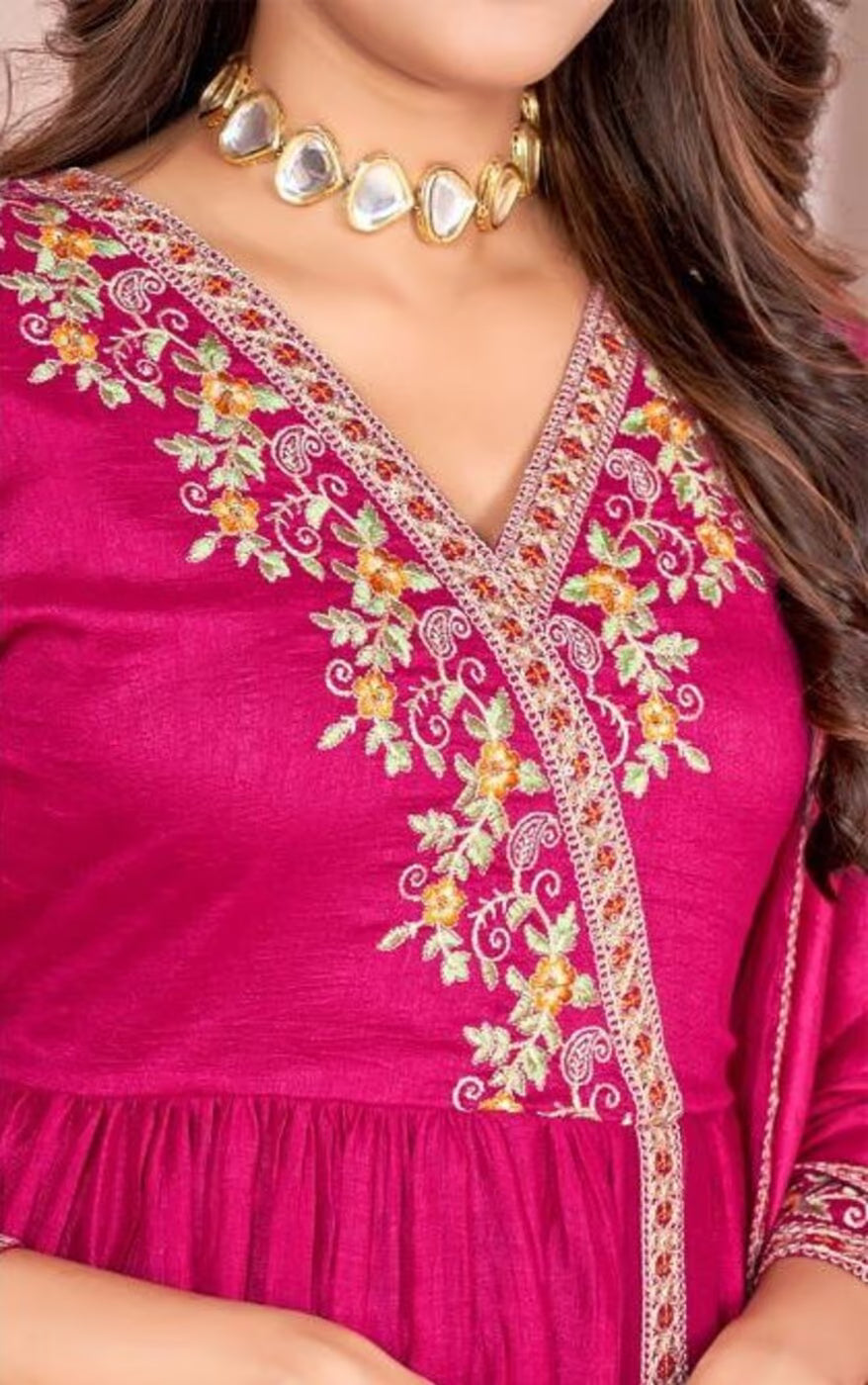 Women's Zari embroidery kurta set in vibrant pink with intricate floral detailing and elegant neckline